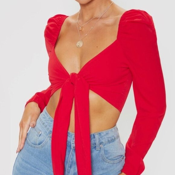 NWT PrettyLittleThing Tie Front Crop Top - Picture 1 of 11